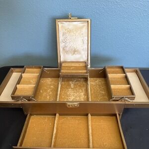 Vintage Mele Jewelry Case 3 Tier Jewelry Box Gold Faux  Silk Velvet Drawer- Read